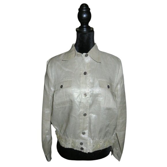 Silk Club 100% Ramie Metallic Rhinestone Embellished Button Up Jacket Medium - Picture 1 of 8